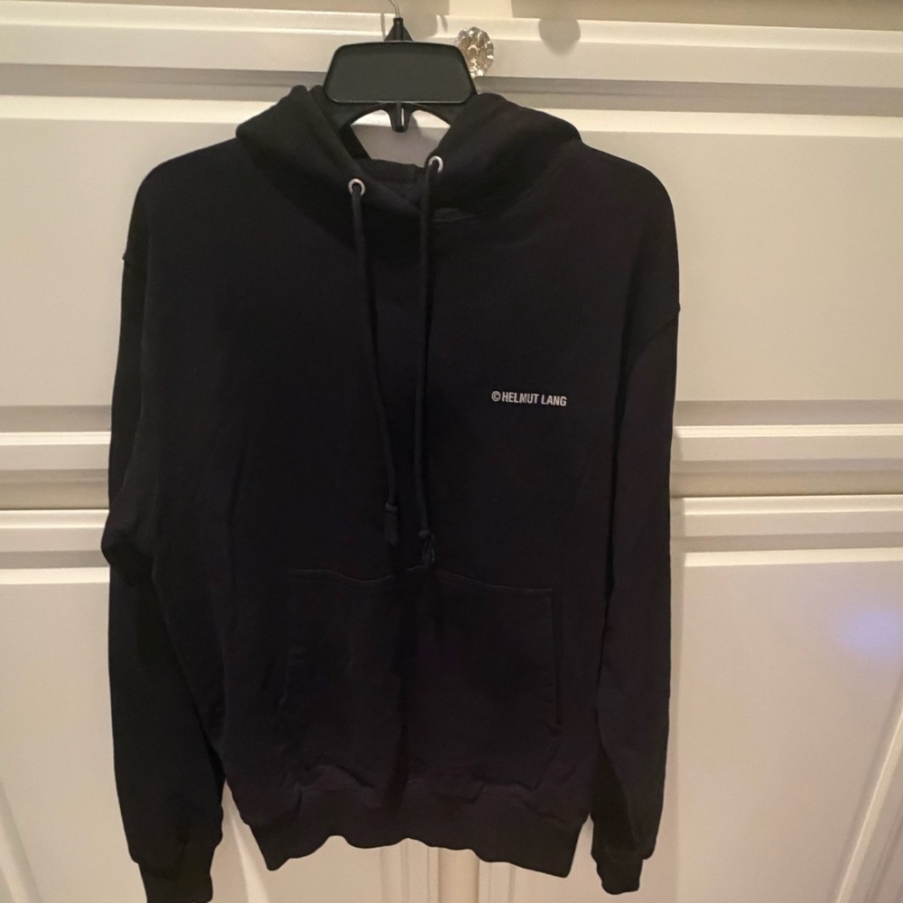 Helmut Lang Black Hoodie Hooded sweatshirt with vintage ski resort map on back.